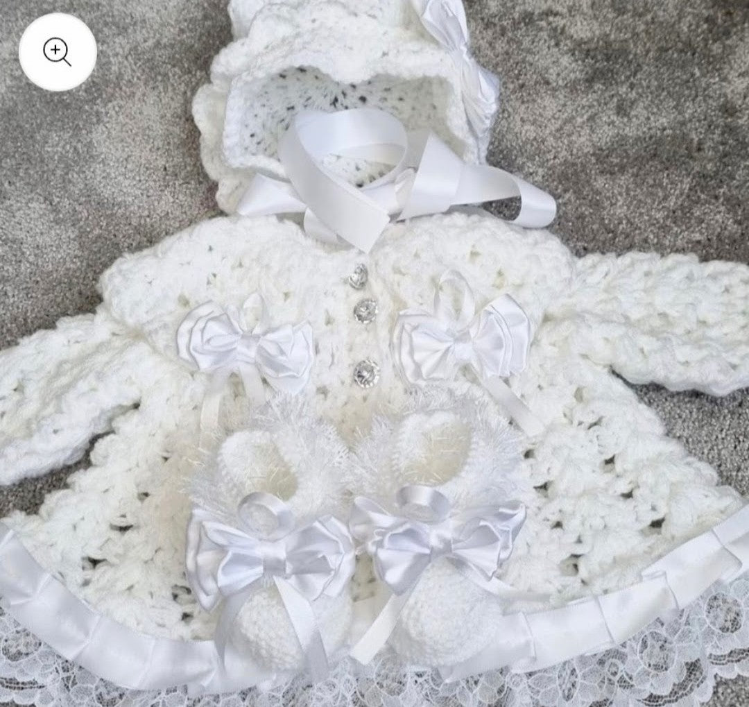 Crochet Cardigan Bonnet and Booties Lace bottom