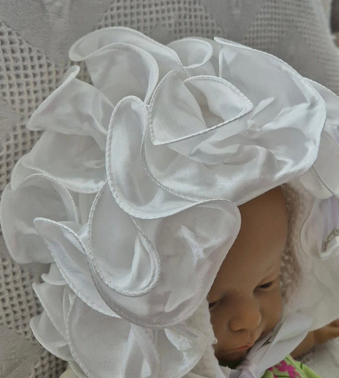 White crochet ruffle frill bonnet