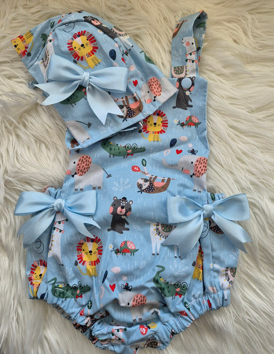 Animal print romper suit and Sun hat