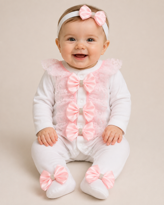 Babies Pink lace frill babygrow headband not included