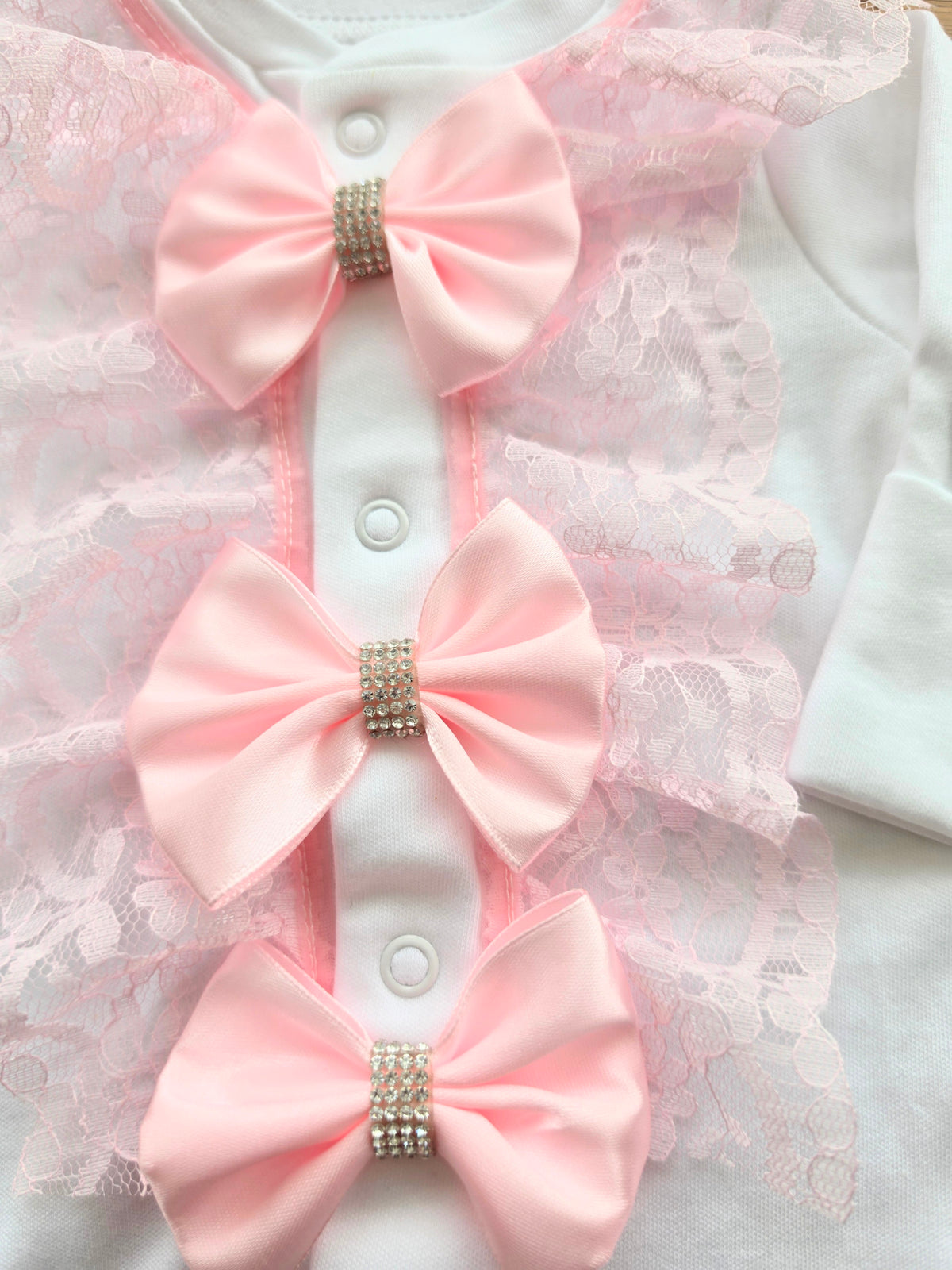 Babies Pink lace frill babygrow headband not included