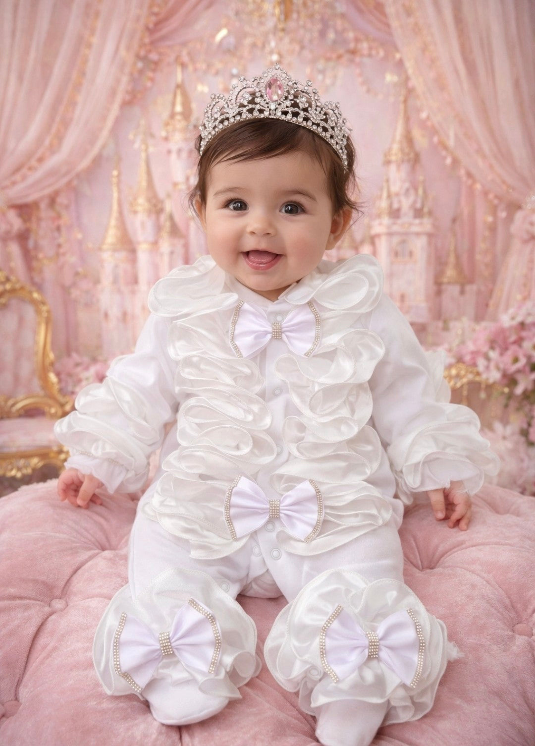 White Ruffle frill babygrow (Tiara not included)