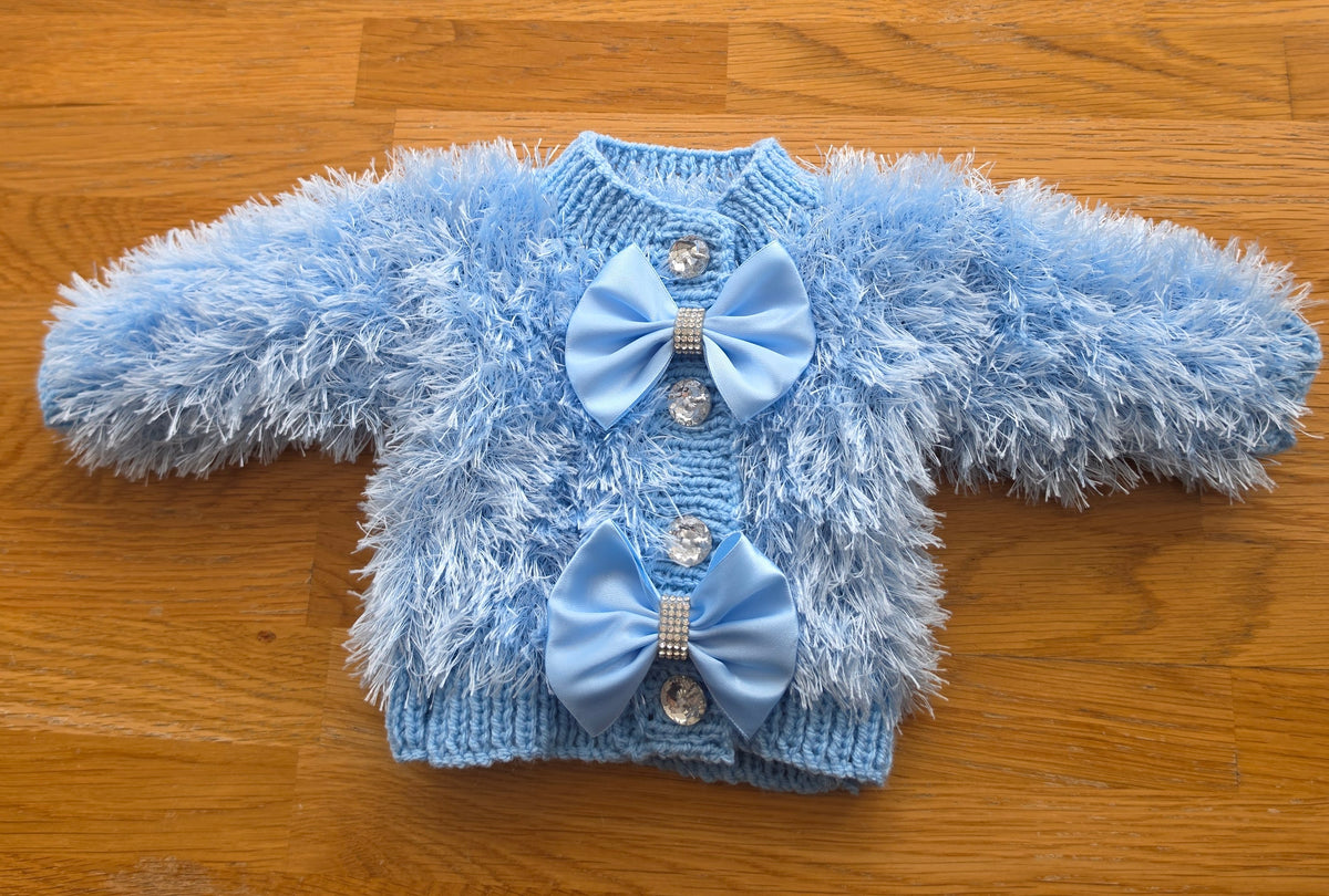 Blue furry cardigan bling bows