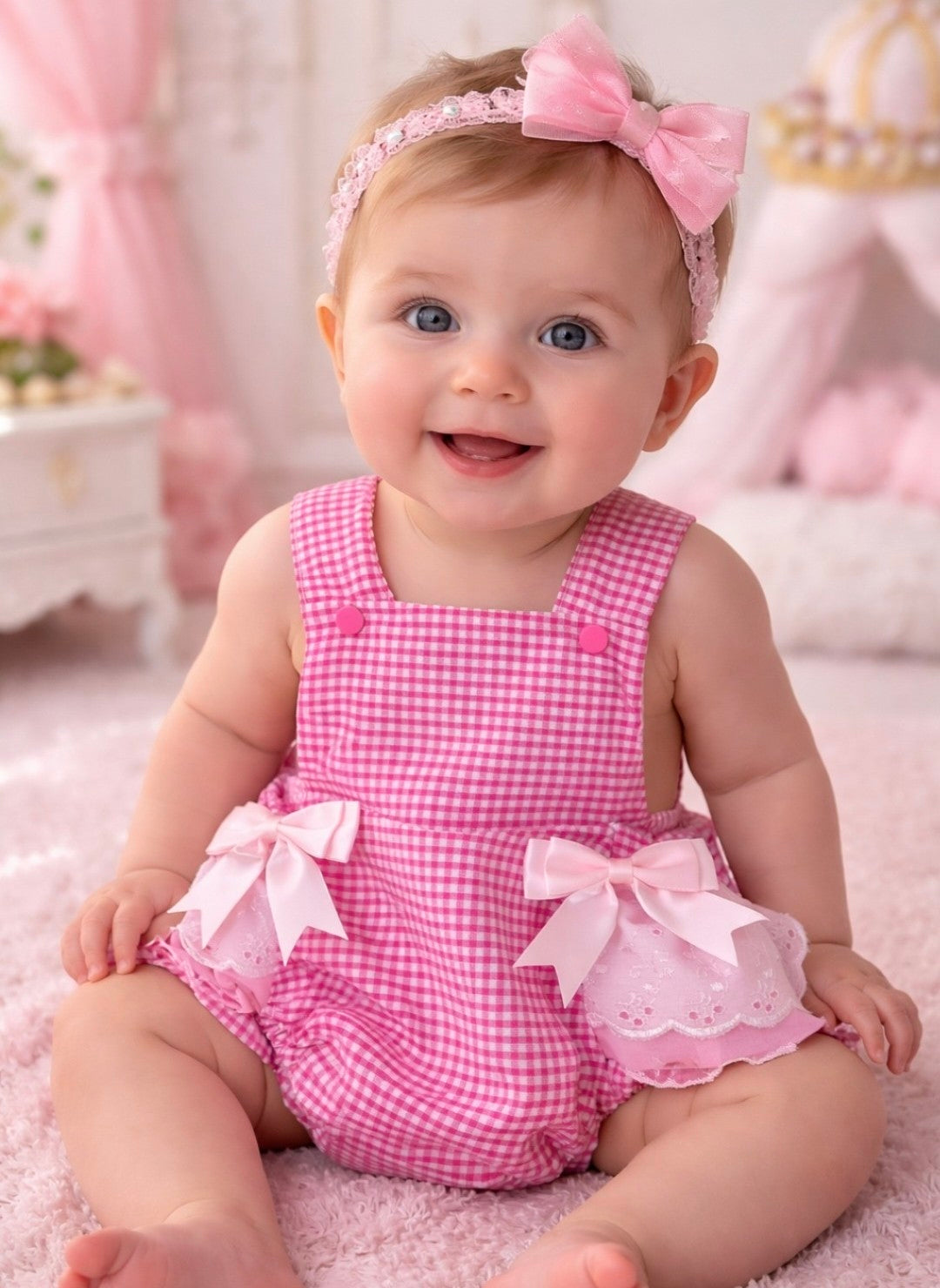 Bella Pink check Romper Headband not included