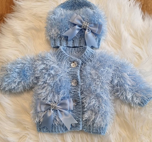 Blue Furry cardigan and hat set