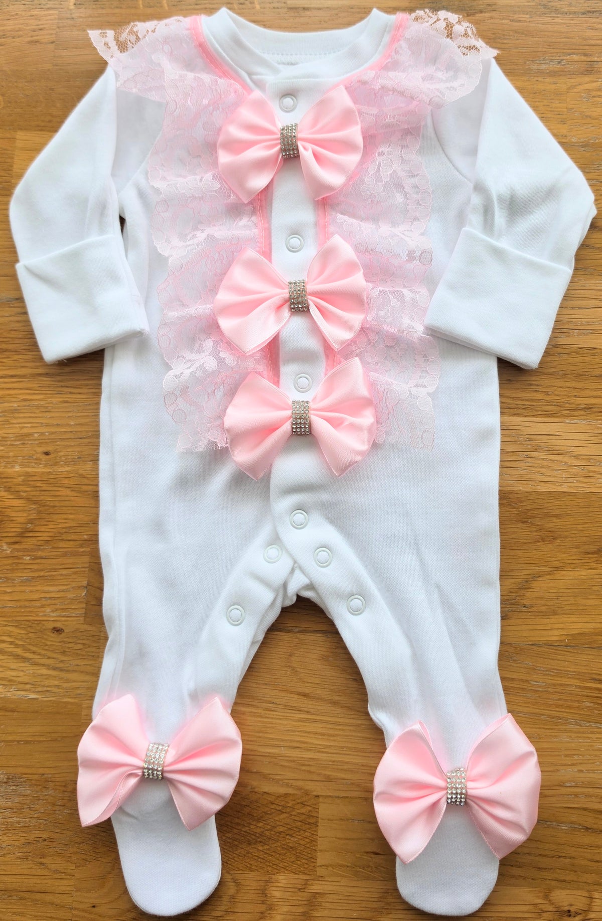 Babies Pink lace frill babygrow headband not included