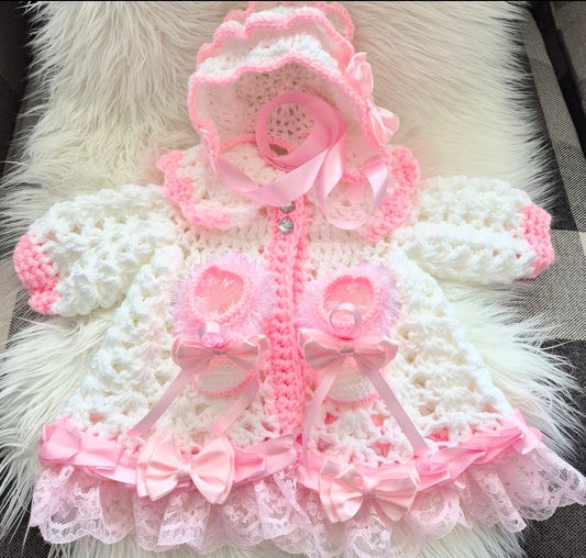 Crochet cardigan Bonnet and Booties  Lace bottom