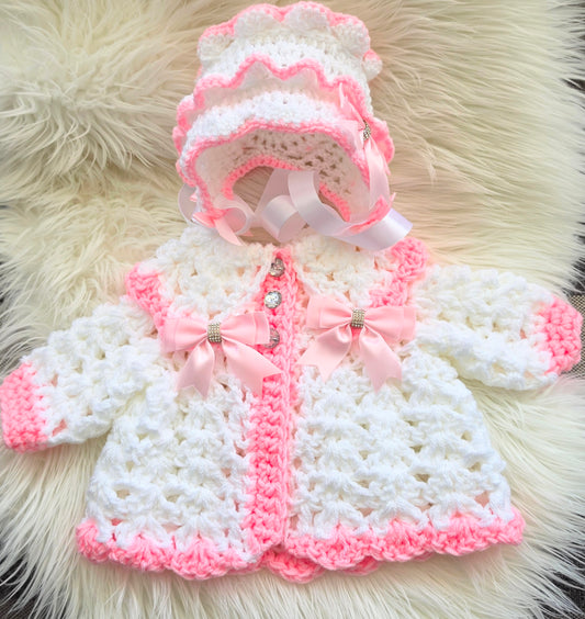 Crochet cardigan and bonnet