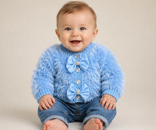 Blue furry cardigan bling bows