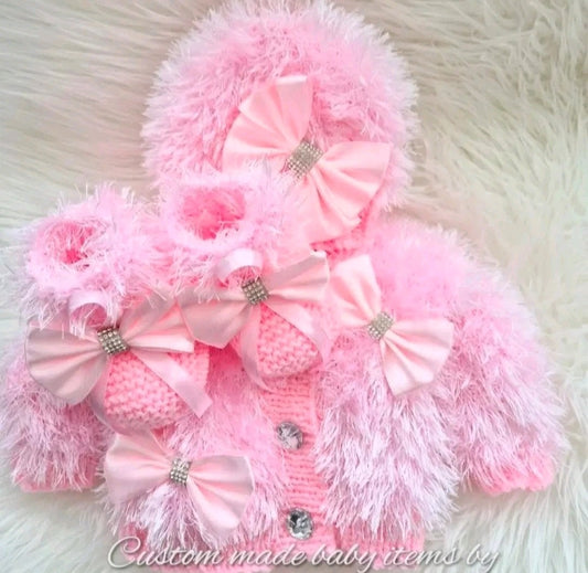 Pink furry cardigan set