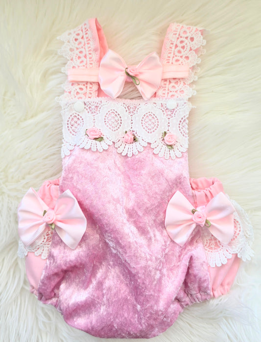 Bella Rose Romper and Headband Pink Velvet