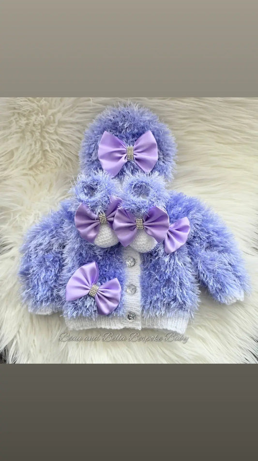 Lilac and White Furry cardigan set