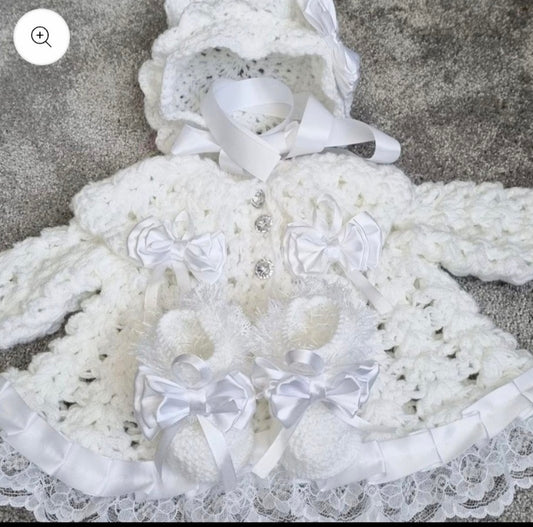 Romany baby cardigan bonnet and booties