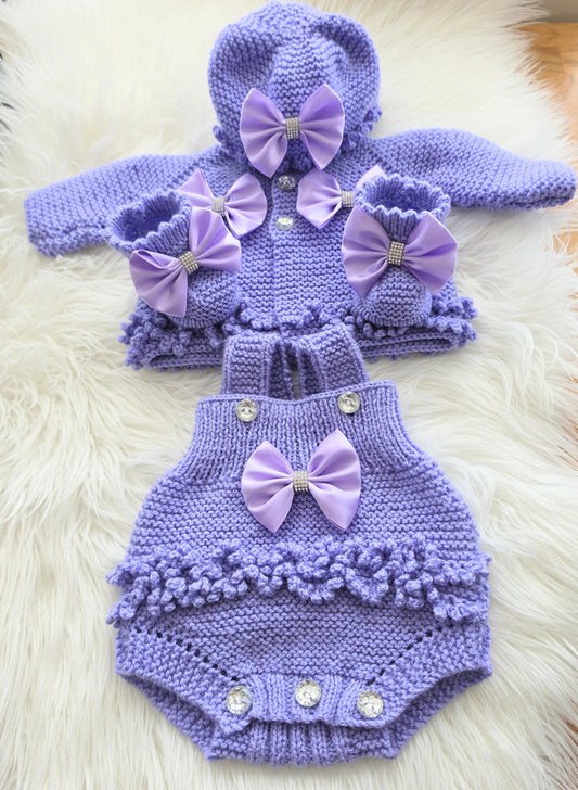 Lilac bling  Cardigan Romper Hat and Booties set