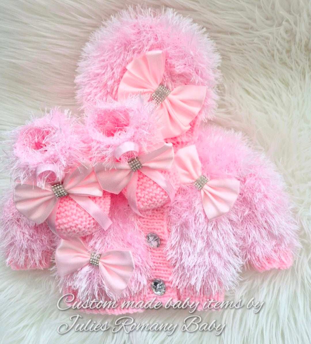 Furry cardigan hat and Booties set