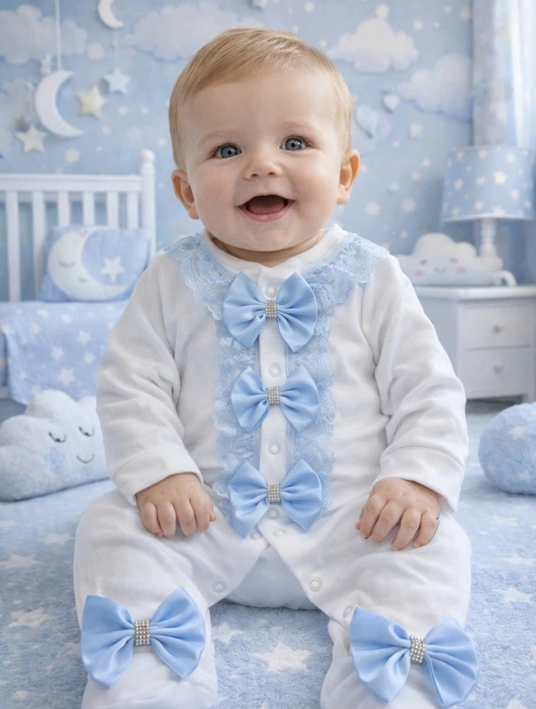 Babies Blue lace frill babygrow