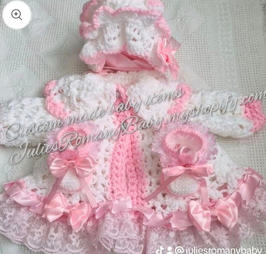 Romany Baby cardigan bonnet and booties