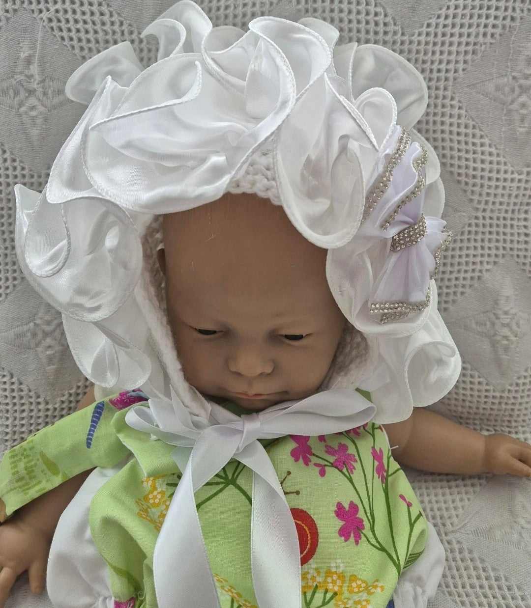 White crochet ruffle frill bonnet