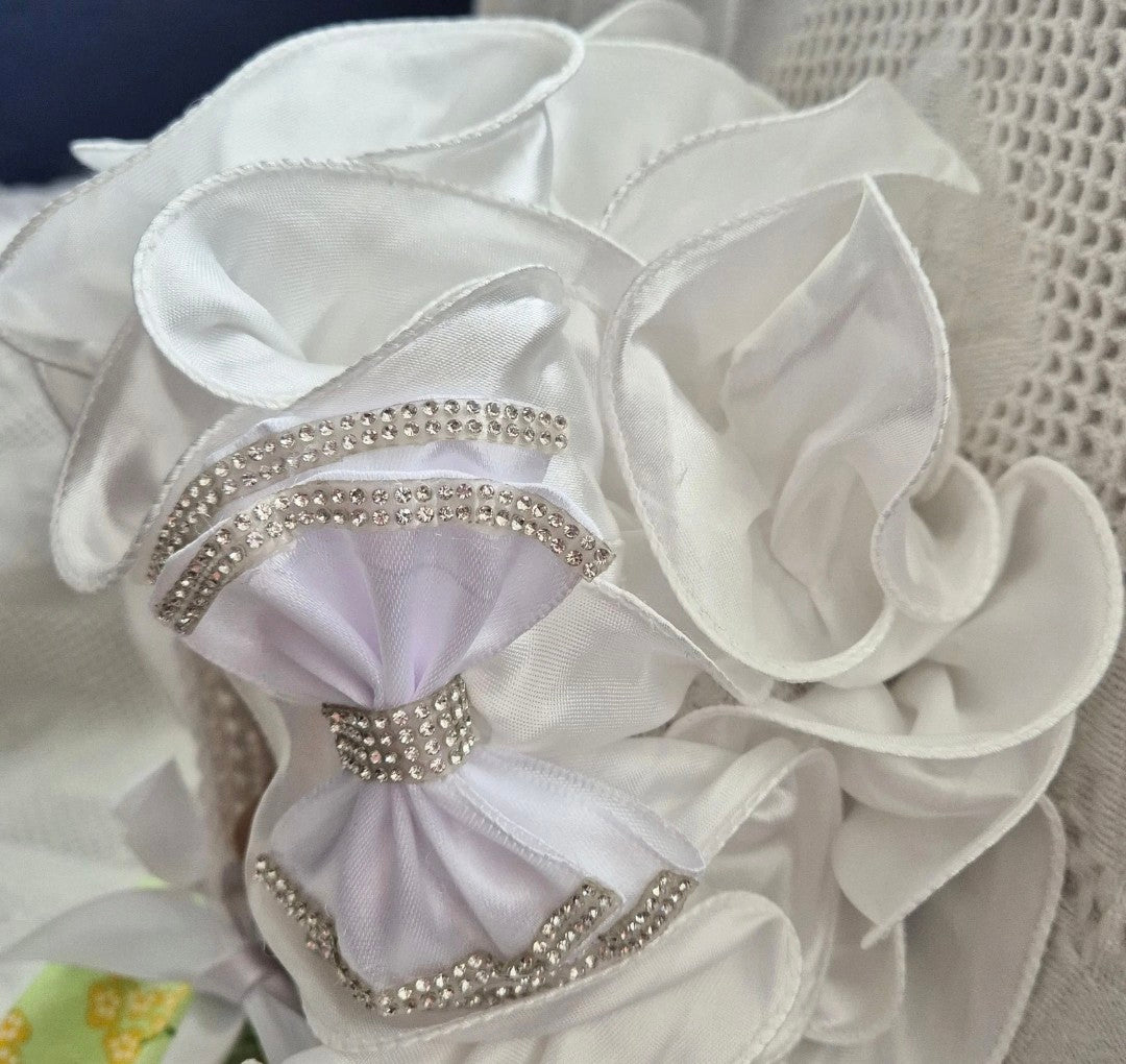 White crochet ruffle frill bonnet