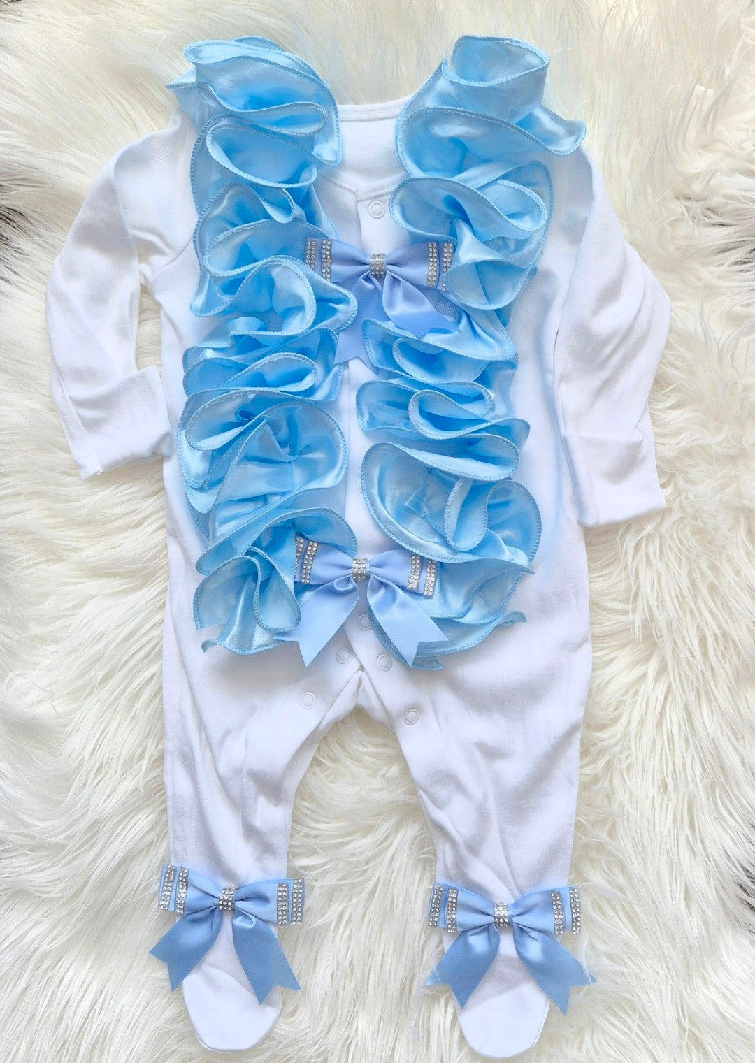 Blue ruffle babygrow