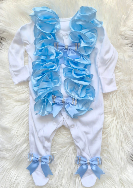 Blue ruffle babygrow