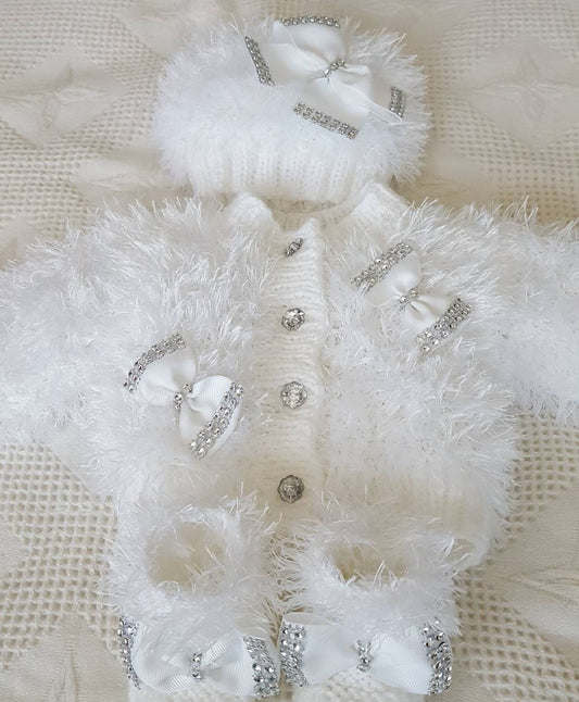 White Furry cardigan hat and booties set